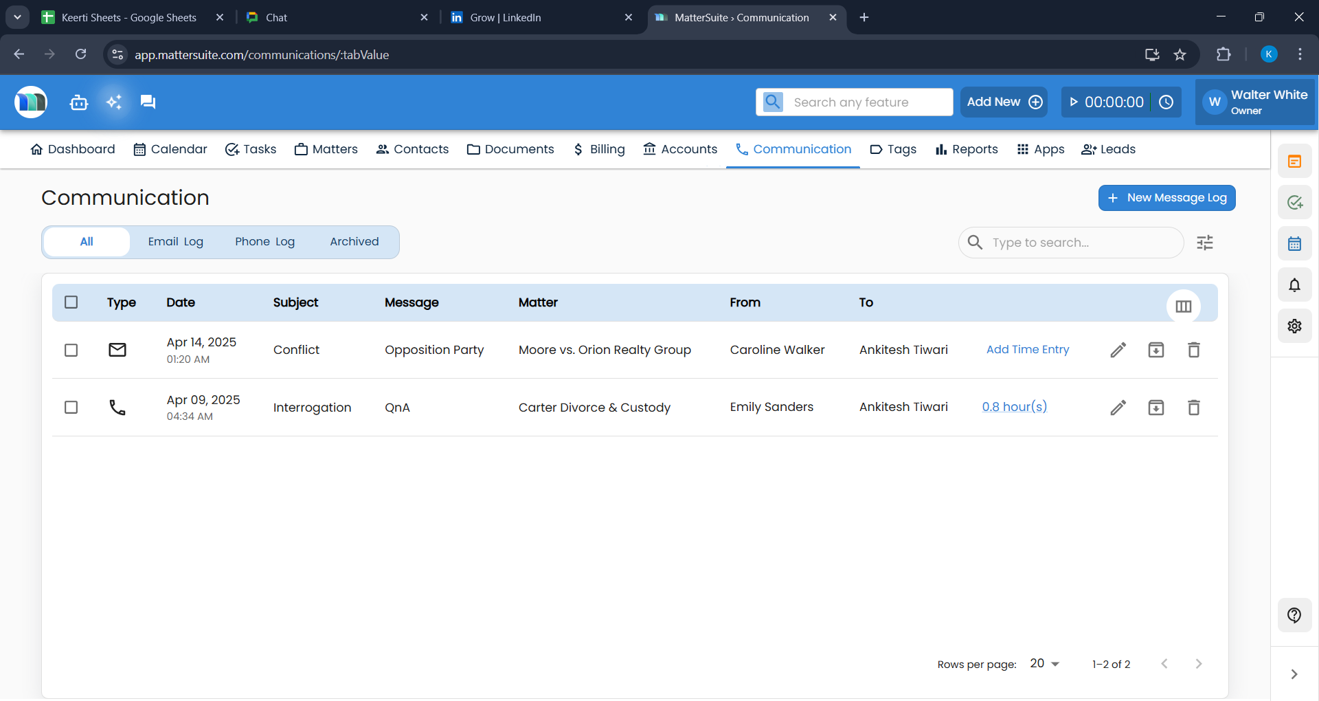 communication management screenshot - mattersuite elm software