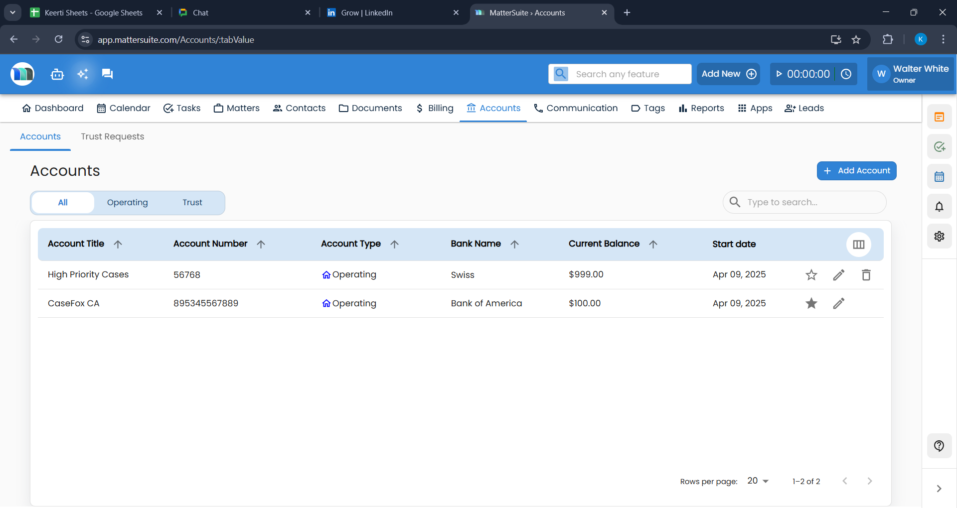 accounts module screenshot - mattersuite elm software